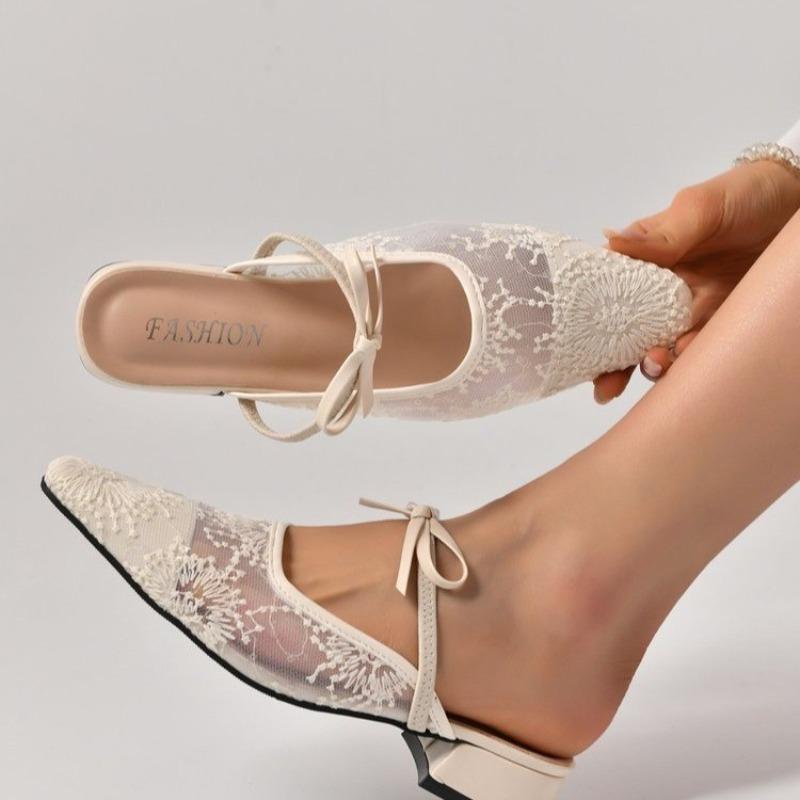 Fashion French High-end Wrapped Chinese Mesh Slippers, Lace 2025 Summer New Pointed Toe Commuter Women's Sandals for Going Out