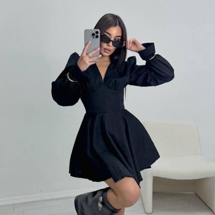 Elegant Women's Spring V-Neck Solid Color Long Sleeve Party Dress