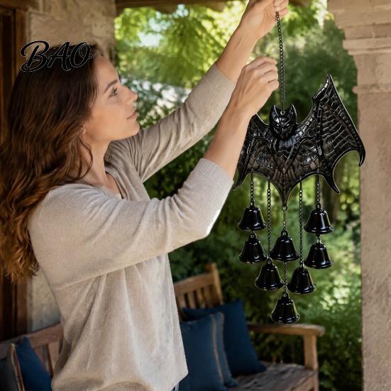 Bat Shaped Yard Decorations Gothic Metal Wind Chime, Halloween Hanging Ornament with Multiple Bells, 3D Durable Black Chime Embossed Decor for Indoor