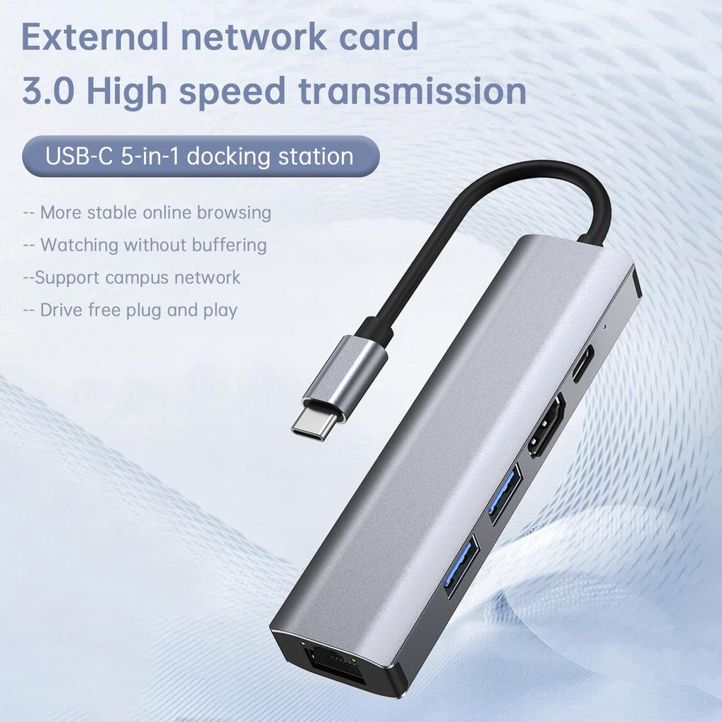 5 In 1 TYPE-C To USB3.0*1+USB2.0*1+PD100W/USB-C Data+HDMI+100M Network Card PC