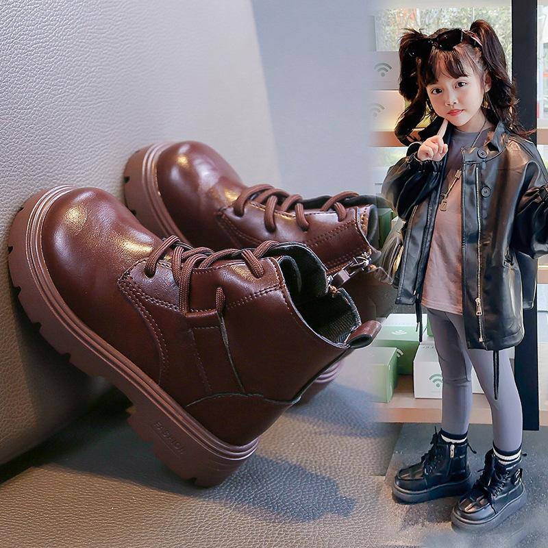 Girls' Handsome Leather Boots Fashionable and Comfortable Leather Shoes Fashionable and Versatile Short Boots Plush Cotton Boots