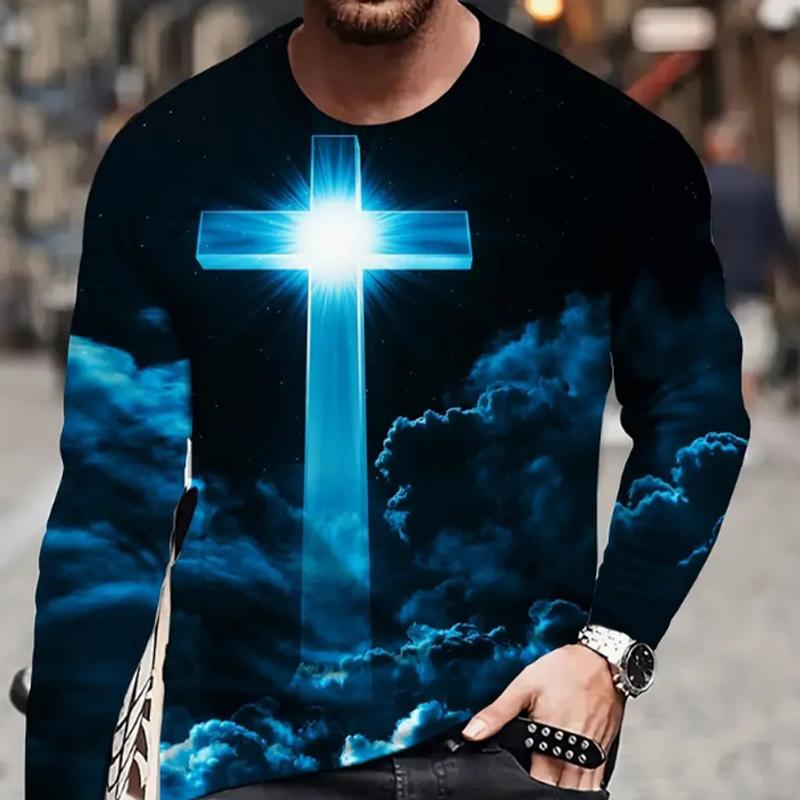 The Cross At Night Print Men's Tshirts Long Sleeve Tees Round Neck Casual Pullover Men's Clothing Plus Size