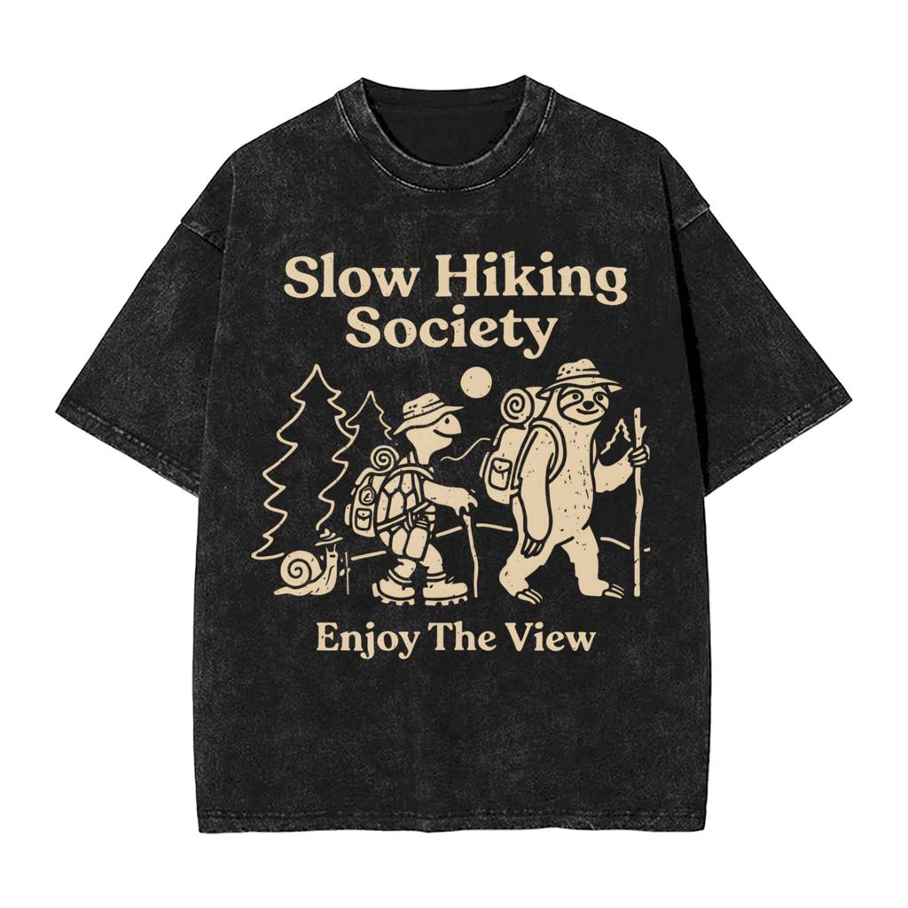Sloth Hiking Team T Shirts Hip Hop Washed Short Sleeve Oversize Tshirts Vintage For Men Women Tops Streetwear Printed Tees