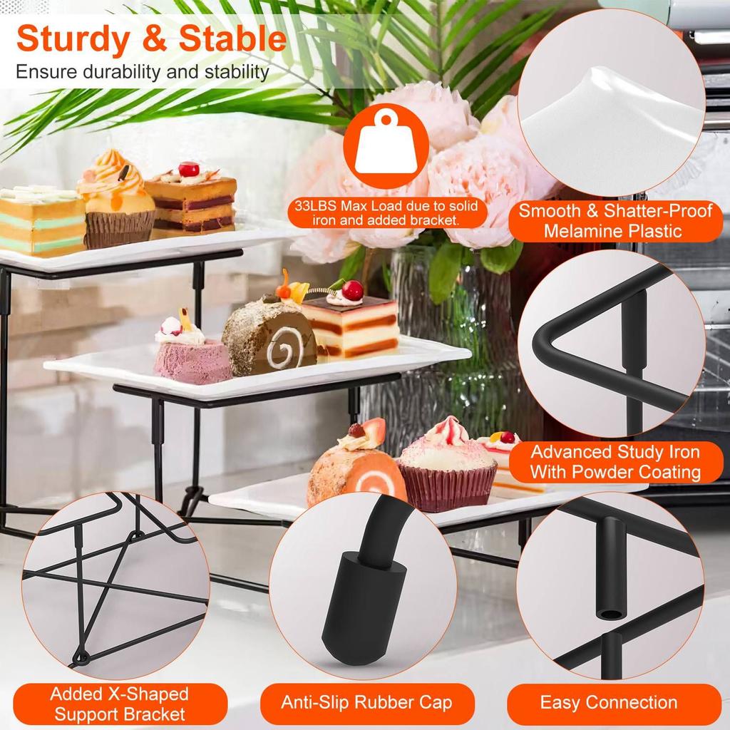 For 3-Tier Plastic Serving Tray Dessert Server Display Serving Stand Dinnerware with 3 Rectangular Plastic Serving Platters Meta