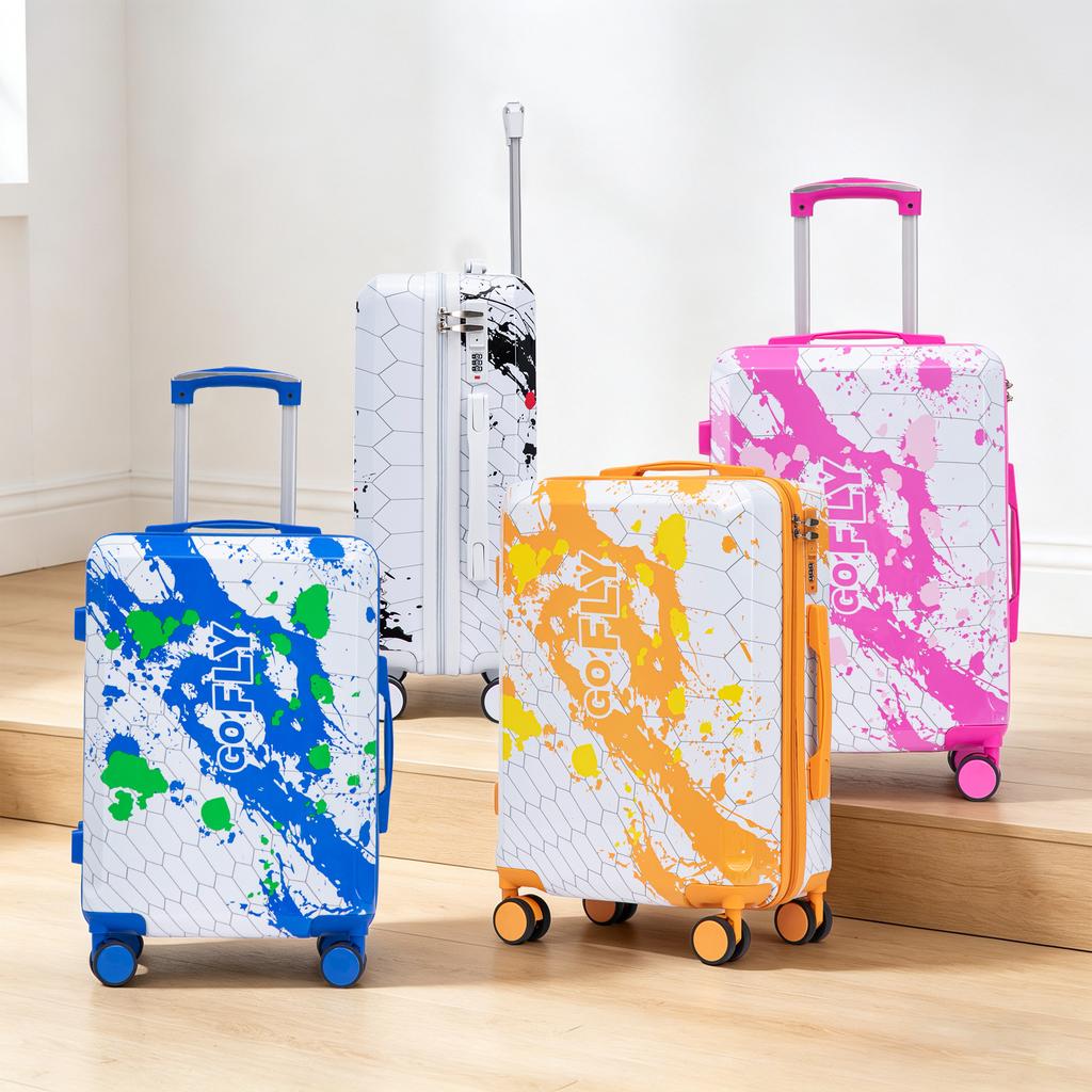 20-Inch PC Spinner Wheel Suitcase, Carry-On Suitcase, with Printed Pattern and Combination Lock (Black)