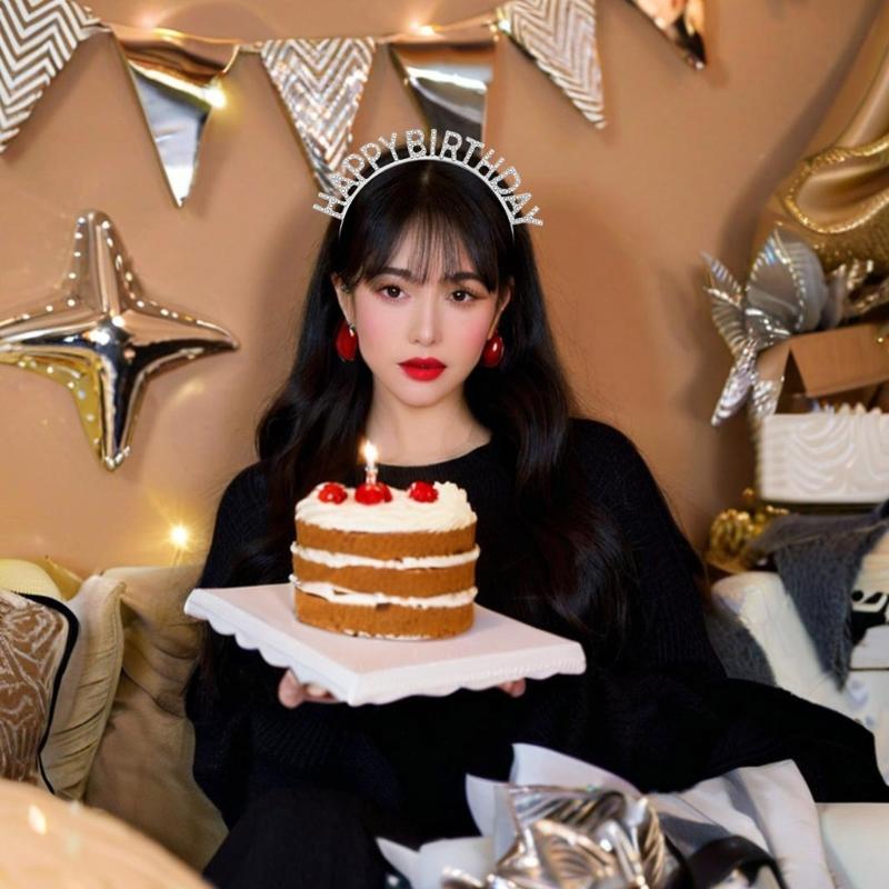 Happy Birthday Props Hairband for Adult Family Gathering Birthday Party Rhinestones Headband Photography Accessories