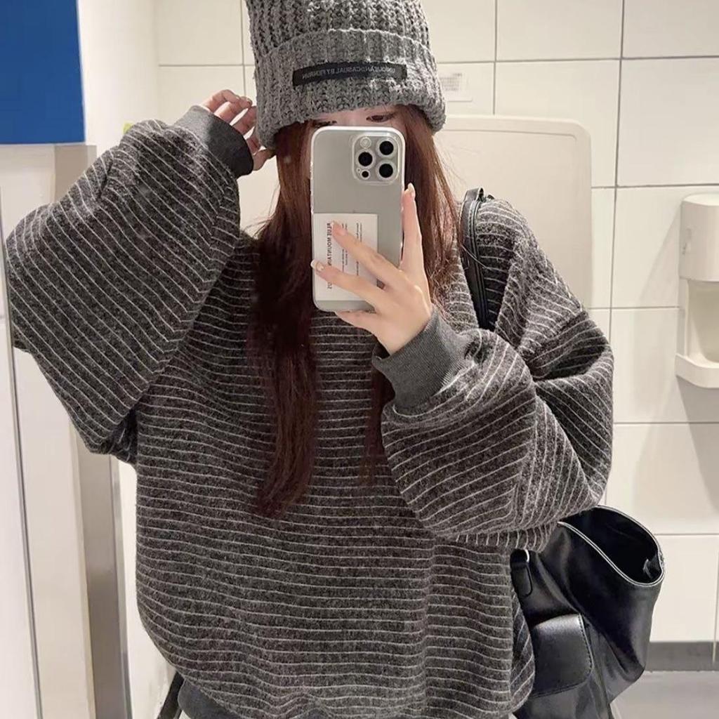 Damen Retro Gestreiftes Rundhals Langarm Sweatshirt - 2025 Koreanischer Stil Lockerer Schnitt Herbst/Winter Trend