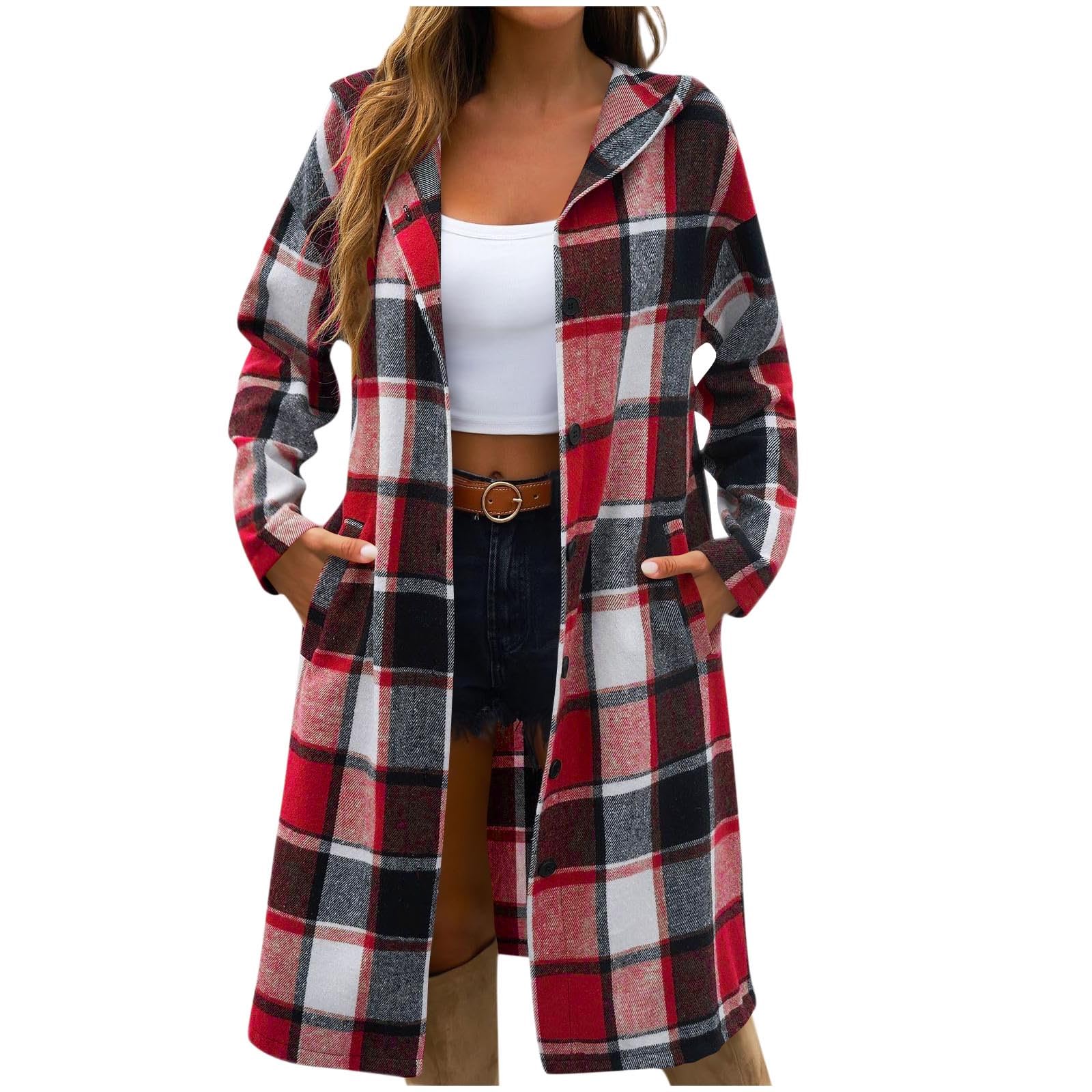

Women s Plaid Casual, Fashionable, Comfortable, Loose, Contrasting Color Breasted Hooded Jacket XL красный