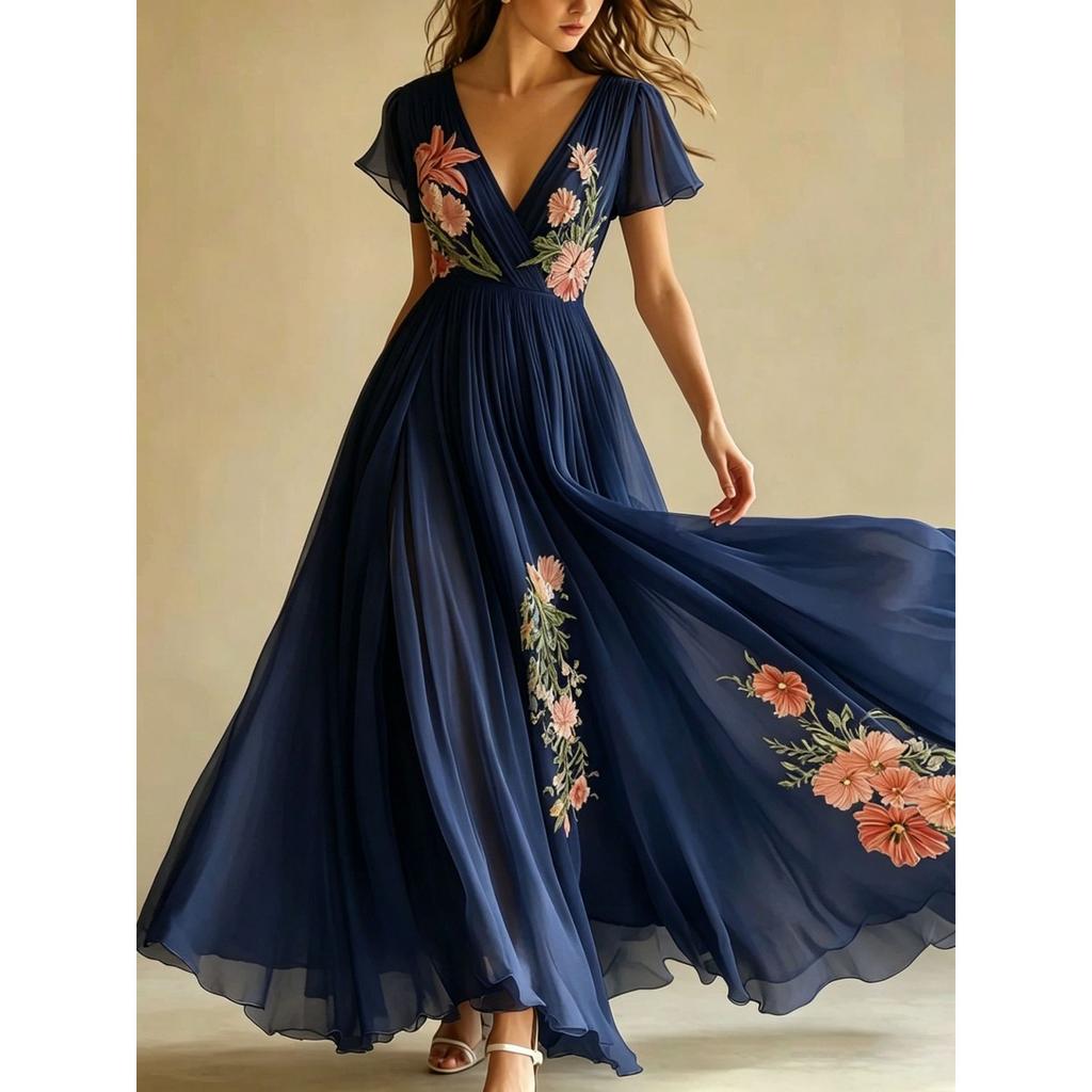 Women's V Neck Short Sleeve Maxi Dress Loose Fit High Waist Sweet Floral Print Chiffon A-Line Dress