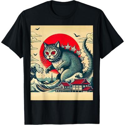 CHDHEVEGOD Catzilla Cat Retro Vintage Japanese Kaiju Funny Cat Monster T-Shirt
