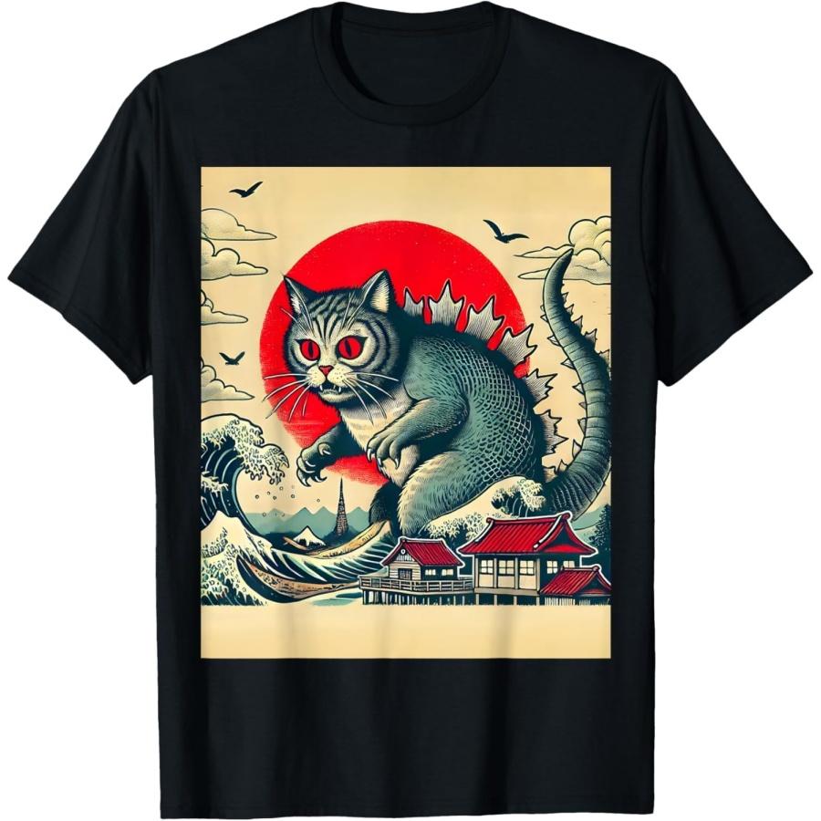 CHDHEVEGOD Catzilla Cat Retro Vintage Japanese Kaiju Funny Cat Monster T-Shirt S