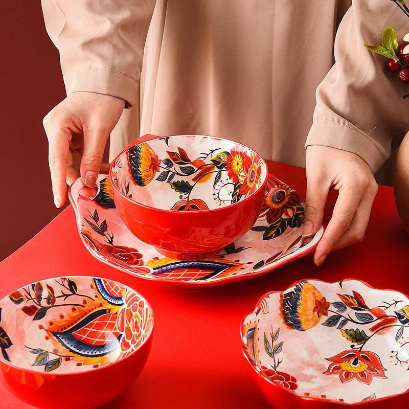 Red Tableware Creative Ceramic Dinner Plates Rice Bowl Household Wedding Celebration Dishes and Plates Chinese New Year Plates