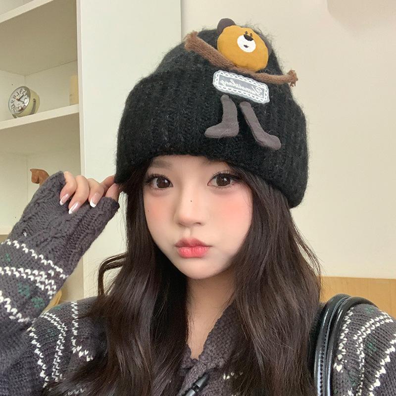 Cute Pullover Hat for Women Autumn and Winter Bear Patch Woolen Hat Korean Style Versatile Warm Ear Protection Cute Knitted Hat