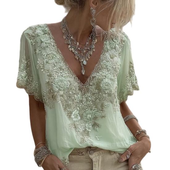 Women T-shirt V-Neck Short Sleeve 3D Imitation Jacquard Flower Decor Pullover Tops Loose Fit Summer Blouse Daily Wear