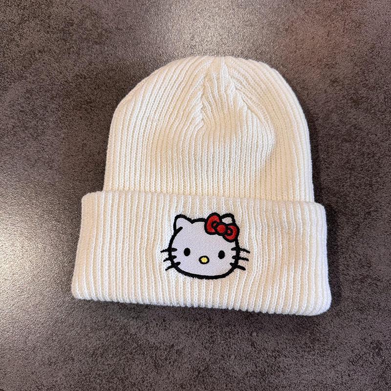 Korean Cute Embroidered Kitty Cat Knit Beanie - Warm Autumn/Winter Wool Hat with Ear Protection for Women, Large Head Circumference.