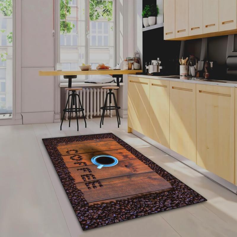 Creative Coffee Floor Mat Wood Design with Coffee Bean Border Mug Print Non-Slip Kitchen Rug for Cozy Cafe Vibe Warm Home Decor