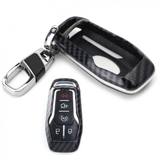 Black Glossy Carbon Fiber Pattern Key Fob Shell w/ Keychain For Ford Lincoln