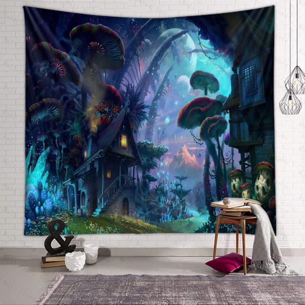 

Enchanted Tapestry Forest Mushroom House Tapestry Magical Night Sky Wall Hanging for Bedroom Tapestry Aesthetic Decor Tapestry 74x94cm(29x37in)