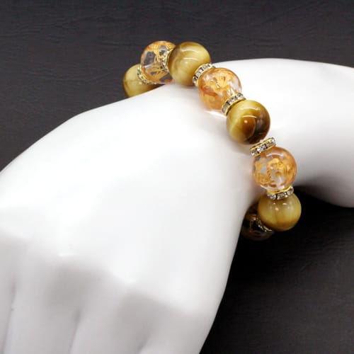 Ishiki Golden Tiger Eye 16mm Four Gods Crystal Bracelet for Men, Paulownia Wood Box Included, B062