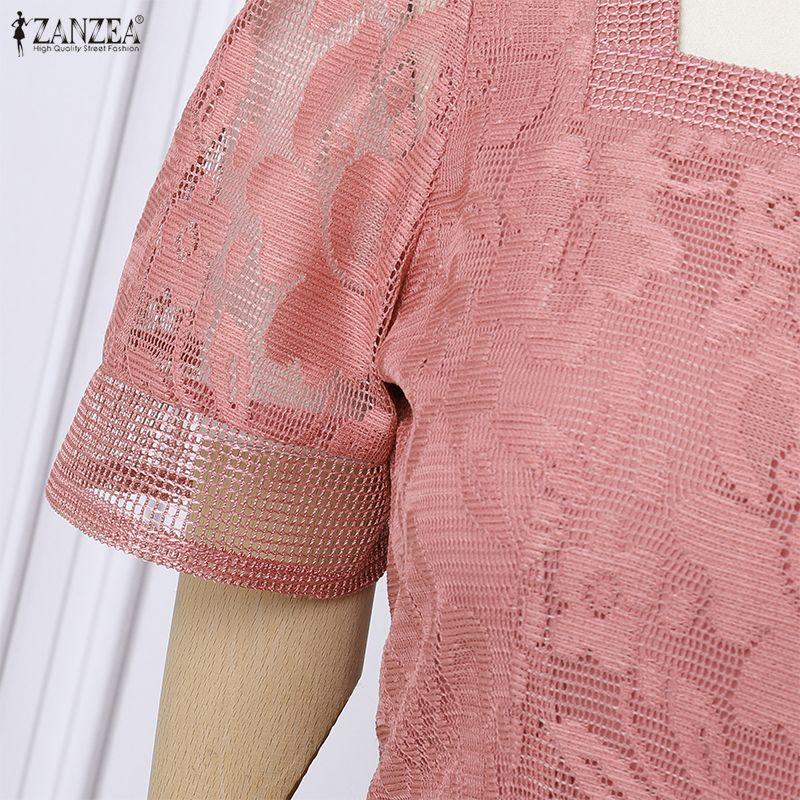 ZANZEA Women Casual Square Collar Summer Short Sleeve Lace Dress