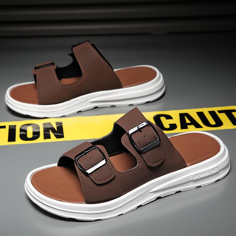 2024 New Summer Men's Soft Soles Slippers Suede Leather Slippers Man Indoor and Outdoor Two Buckle Beach Slides Footwear for Men