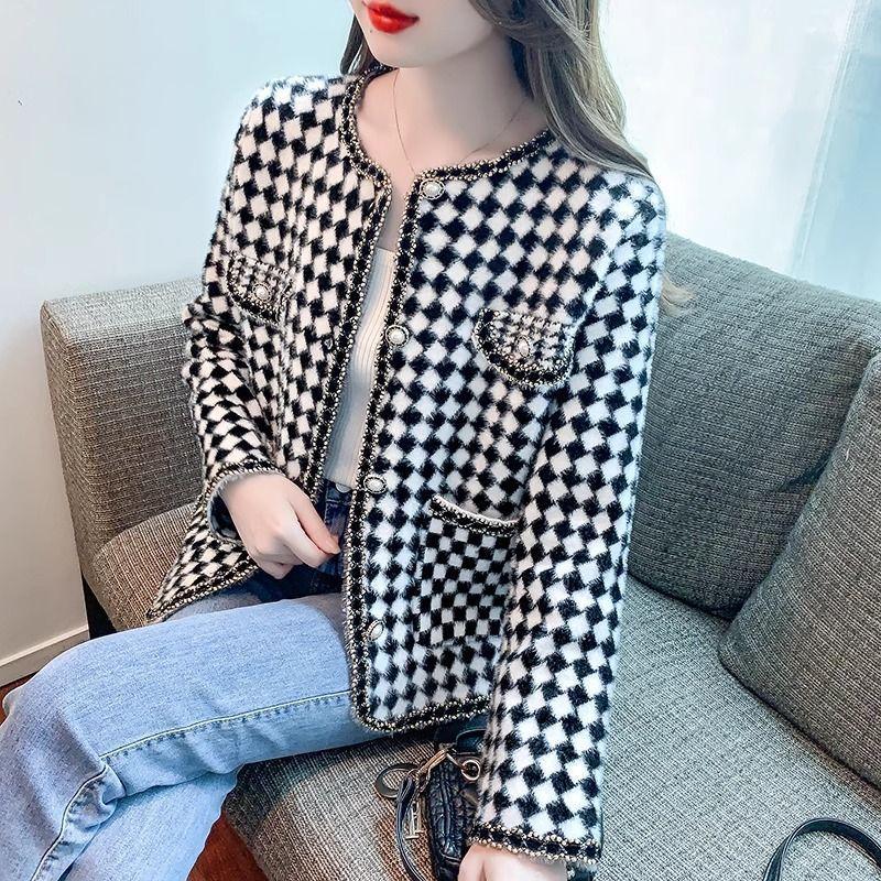 

Xiaoxiangfeng Houndstooth Short Coat for Women Spring and Autumn New Style Small Style Long-sleeved Woolen Top S