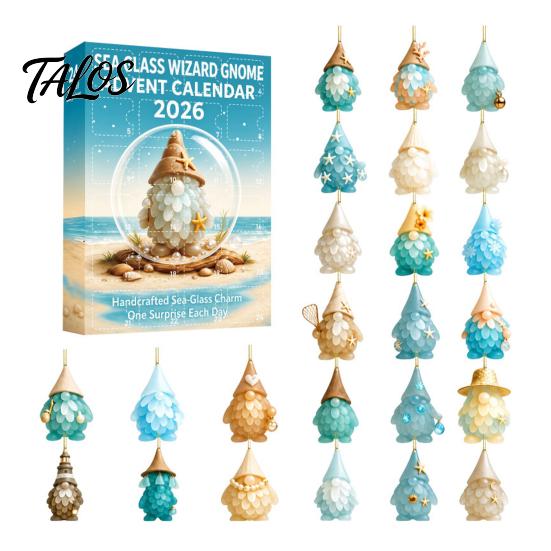 Seasonal Home Party Supplies Coastal Gnome Advent Calendar, 24Pcs Acrylic 2D Sea Glass Ornament Set Halloween Holiday Decoration with Hanging String,