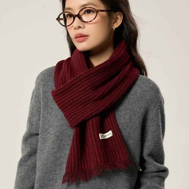 Solid Color Pit Strip Raw Edge Knitted Warm Scarf Female Soft Glutinous Scarf