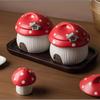 Ceramic Red Mushroom Seasoning Jar Set Kitchen Ceramic Salt Sugar Jar Soy Sauce Vinegar Bottle Home Ceramic Spice Box with Spoon