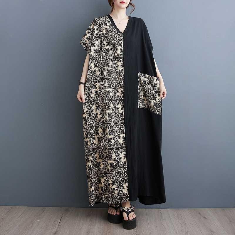 Summer Vintage Colorblocking 200 Pounds Long Dresses Big Pockets V-Neck Dresses
