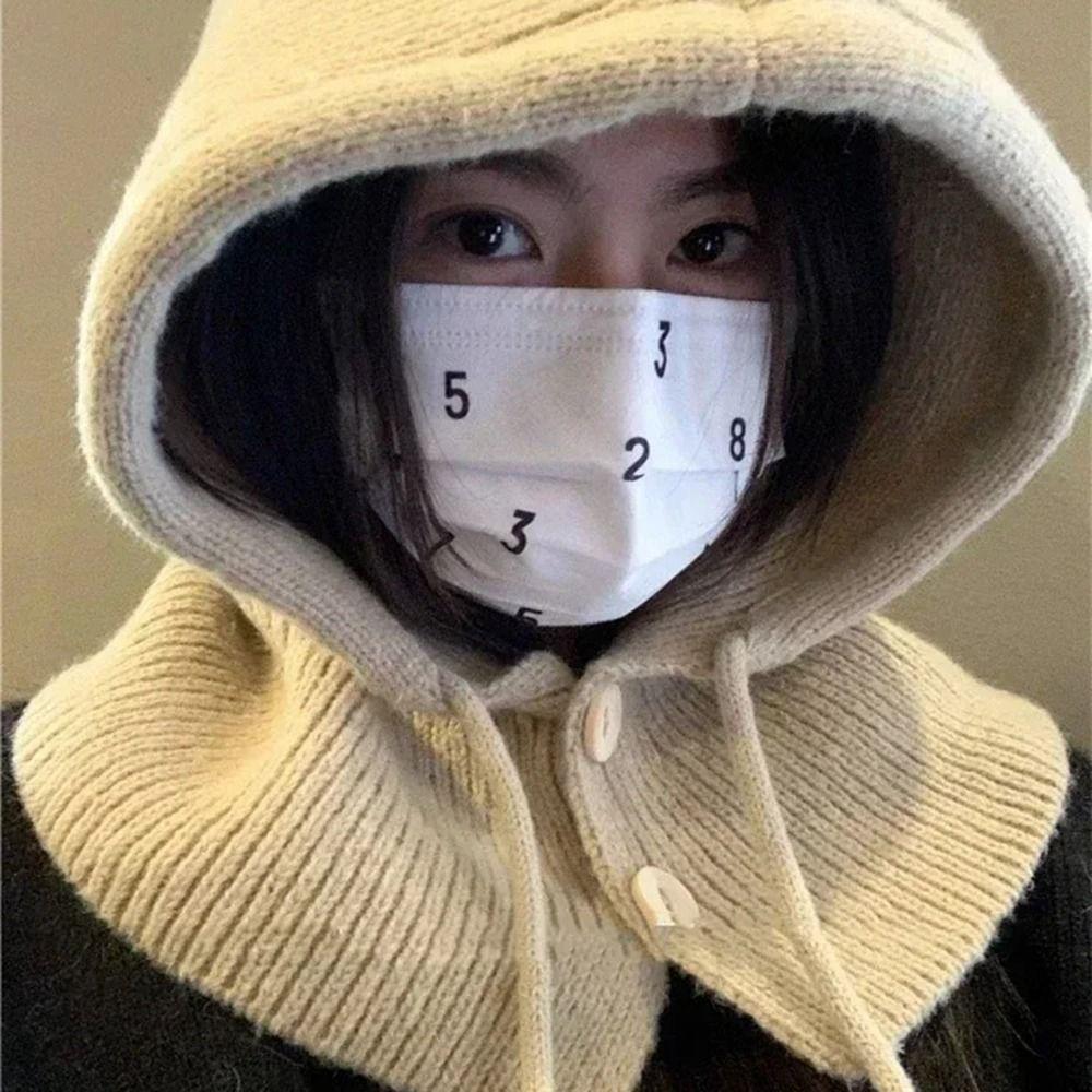 Drawstring Knitted Beanie Cap Thicken Snood Collar Hood Soft Scarf Balaclava Hats  Outdoor