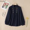 ZANZEA Women Casual Turn Down Collar Loose Embroidery Print Long Sleeve Blouse