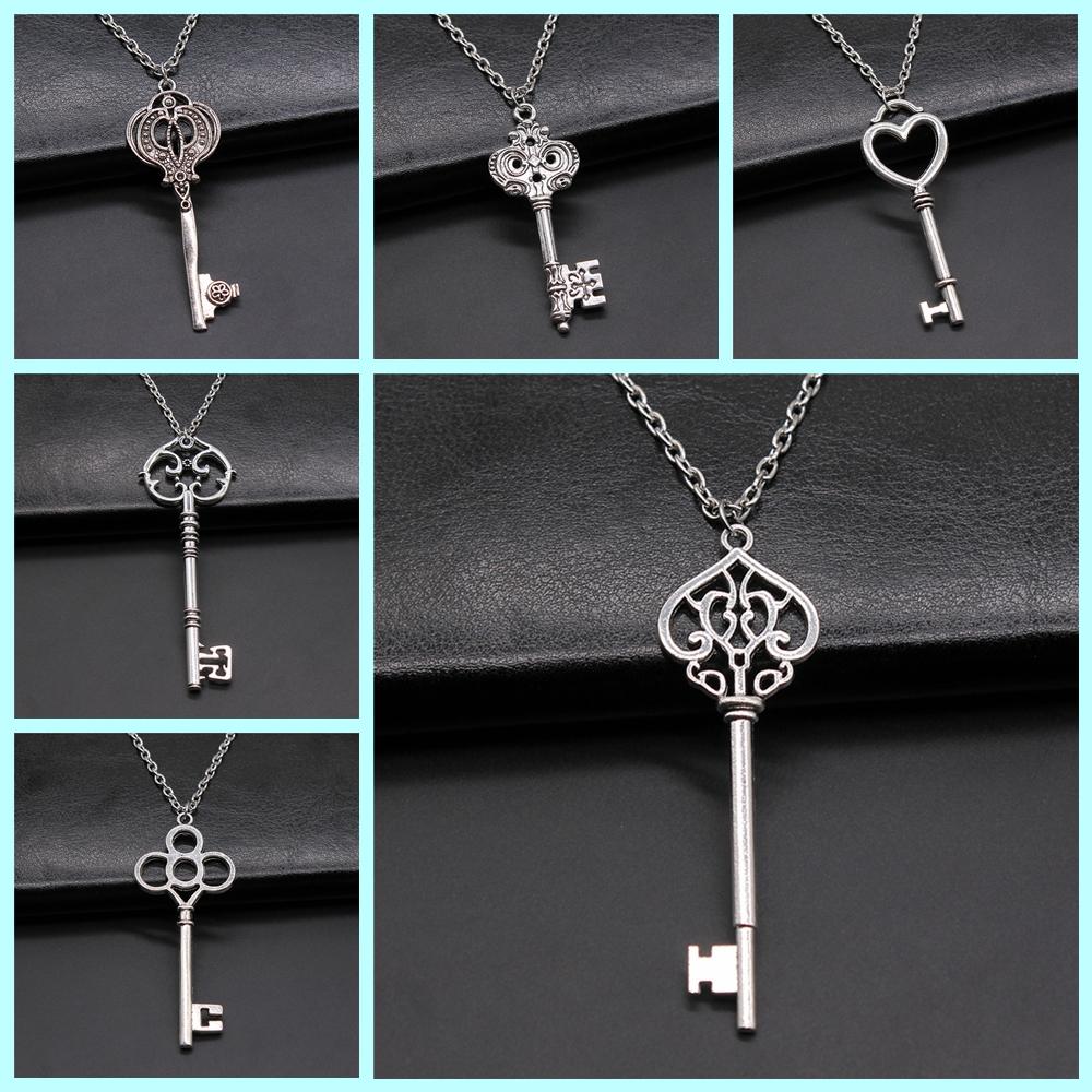 2 Colors Antique Silver Color Antique Bronze Color Vintage Key Pendant Necklace For Women Long Chain Metal Chain Necklace