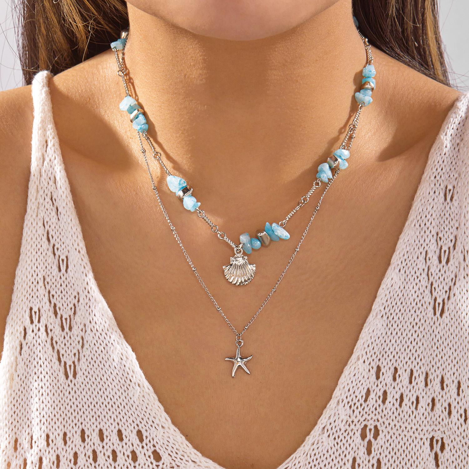 

2026 Seaside Bohemian Starfish Double Layer Choker for Women Charm Irregular Gravel Shell Necklace Summer Travel Jewelry Girl