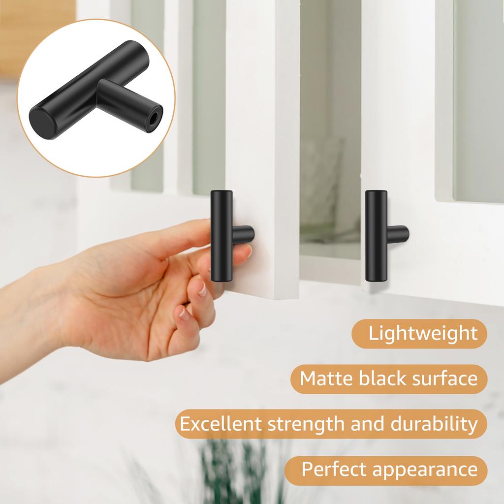 20 Pcs Cabinet Knobs Matte Black Stainless Steel Kitchen Drawer Pulls Single Hole T-Shaped Handles for Cabinets Cupboard Kitchen