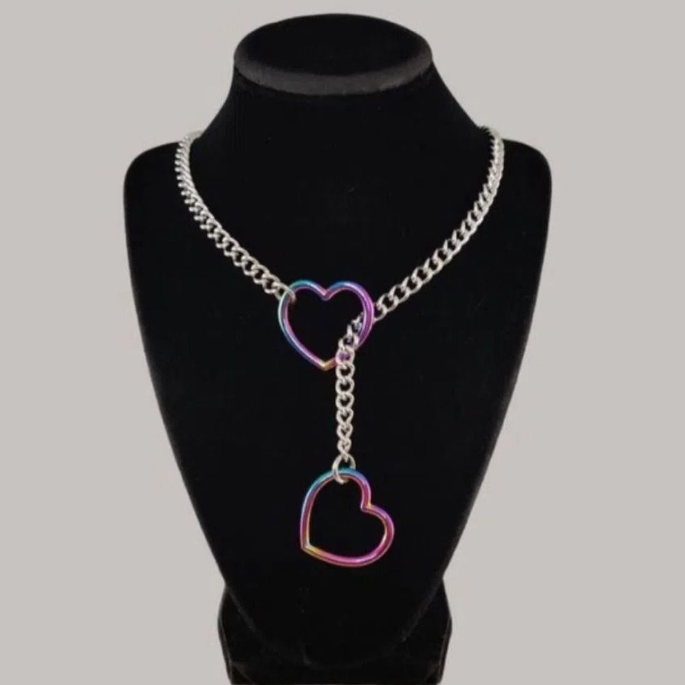 Long Cuban Link Necklace Stainless Steel O-ring Clavicle Chain Heart-shaped Necklace  Party Wear