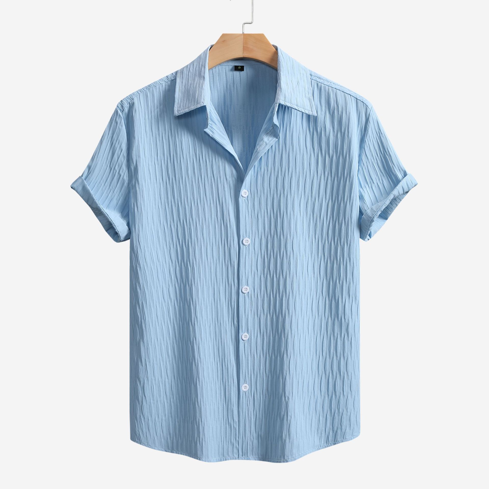 

2025 Лето Новая мужская рубашка с короткими рукавами Модная повседневная свободная удобная однотонная рубашка с лацканами для пляжа с короткими рукавами для мужчин XXXL небесно-голубой