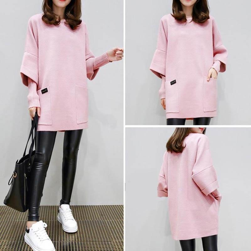 Neck Round Women Long Sleeve Solid Patchwork Hoodie Loose Sweatshirt Pocket