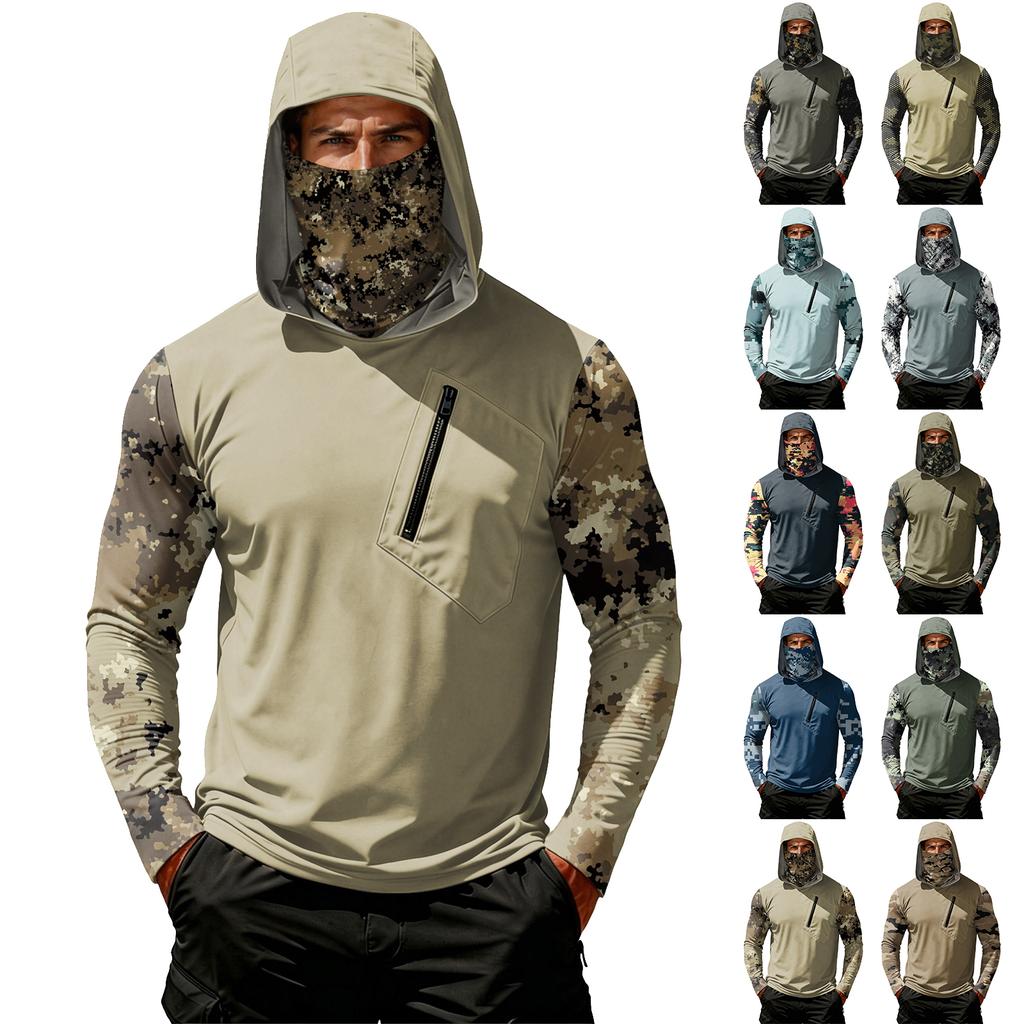 Men's Casual Camouflage Print Hooded Long Sleeve Sun Protection Shirt Lightweight Breathable Outdoor Activewear