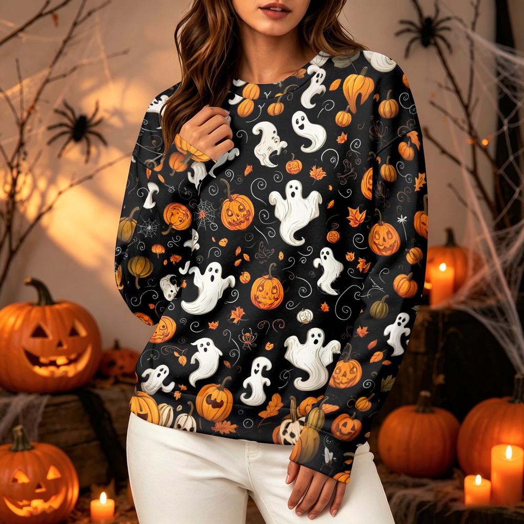Women's Halloween Long Sleeve Sweatshirt with Pumpkin Print, Round Neck Pullover Top for Casual Daily Wear