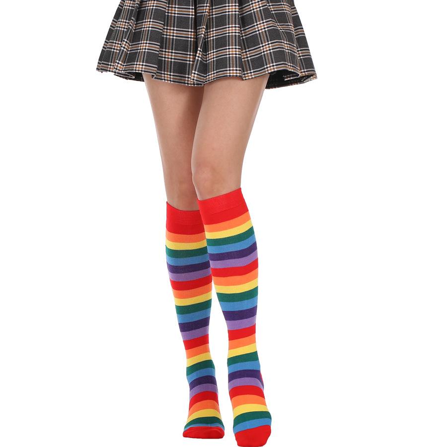 Chaussettes longues en coton à rayures arc-en-ciel pour femmes, chaussettes colorées à la mode, bas hauts de cuisse, skateboard pour filles hip hop, au-dessus du genou