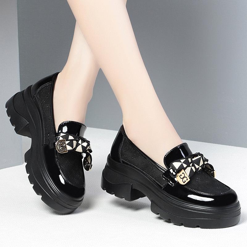 2025 Spring Female Shoes Women Fashion Mary Jane Round Toe Flats Loafers Oxfords Platform Casual Metal Chain Buckle Heels Black