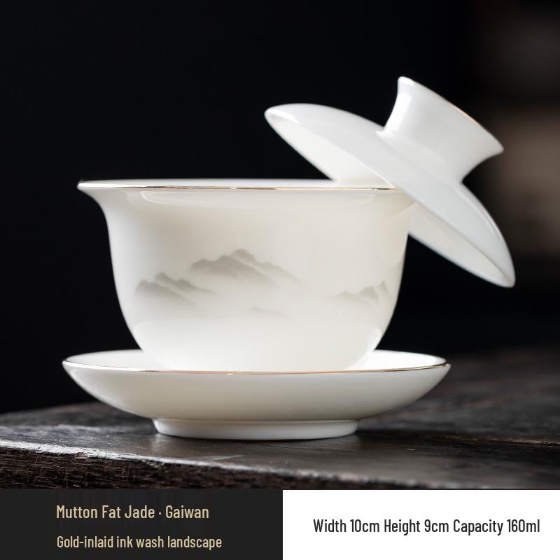 High-Grade Mutton Fat Jade Rotating Lid Bowl and White Porcelain Teapot Set