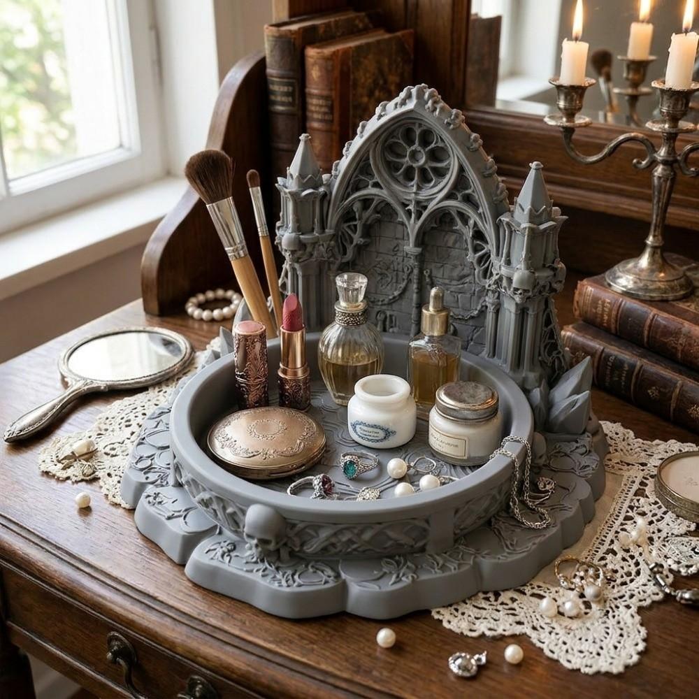 3D Printed Jewelry Storage Tray Black Creative Castle Jewelry Stand Retro Unique Gothic Style Decorative Tray Dressing Tables
