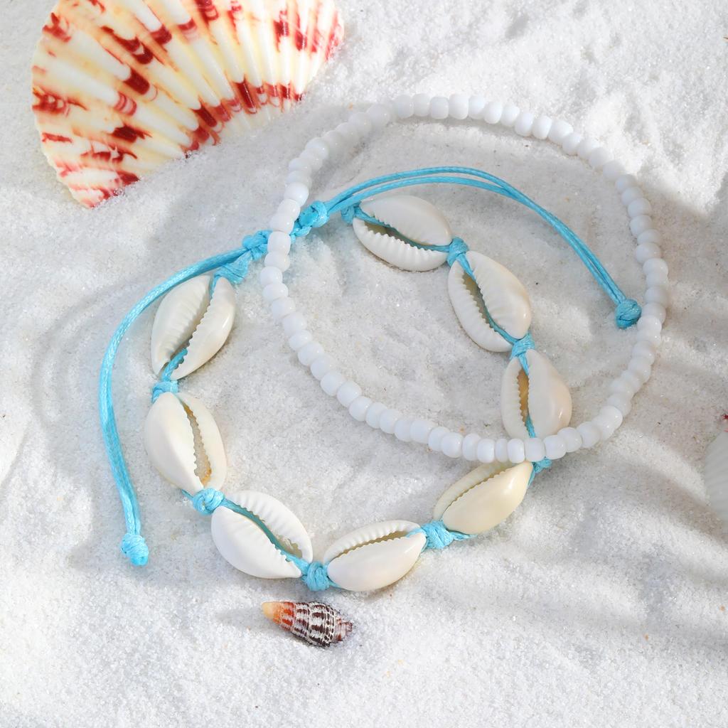 Fashion Two Pieces Boho Beach Shell Ankle Bracelet, Handmade Braided Adjustable String Seashell Anklets For Women Jewelry Summer