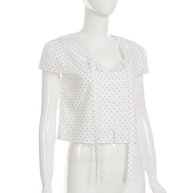 Chemise à Bretelles à Pois Français - Haut d'Été Mignon Coupe Ajustée Manches Courtes