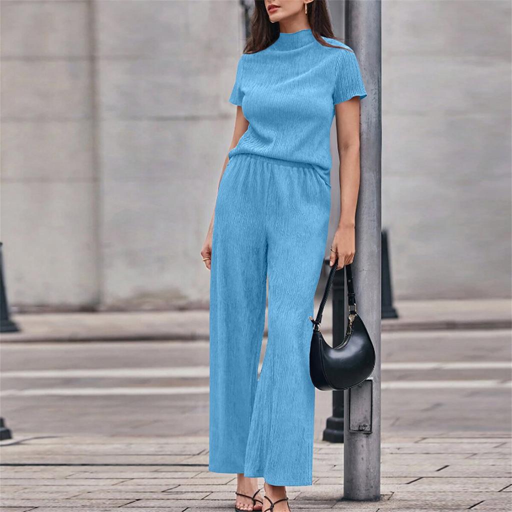 Women's 2-Piece Fashion Casual Short-Sleeve Turtleneck Loose Top + Wide-Leg Pants Loungewear Set