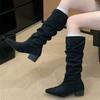Suede Women Chunky Knee High Boots Mid Heels Fashion Walking Shoes  Winter New Trend Goth Casual Woman Chelsea Long Botas