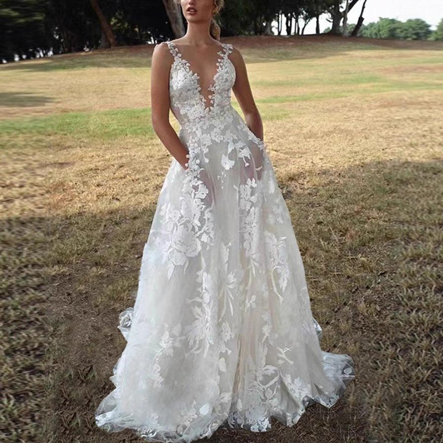 Women's Puff Dress Lace Wedding Bride Gown Sexy White Strapless Bridesmaid Dress