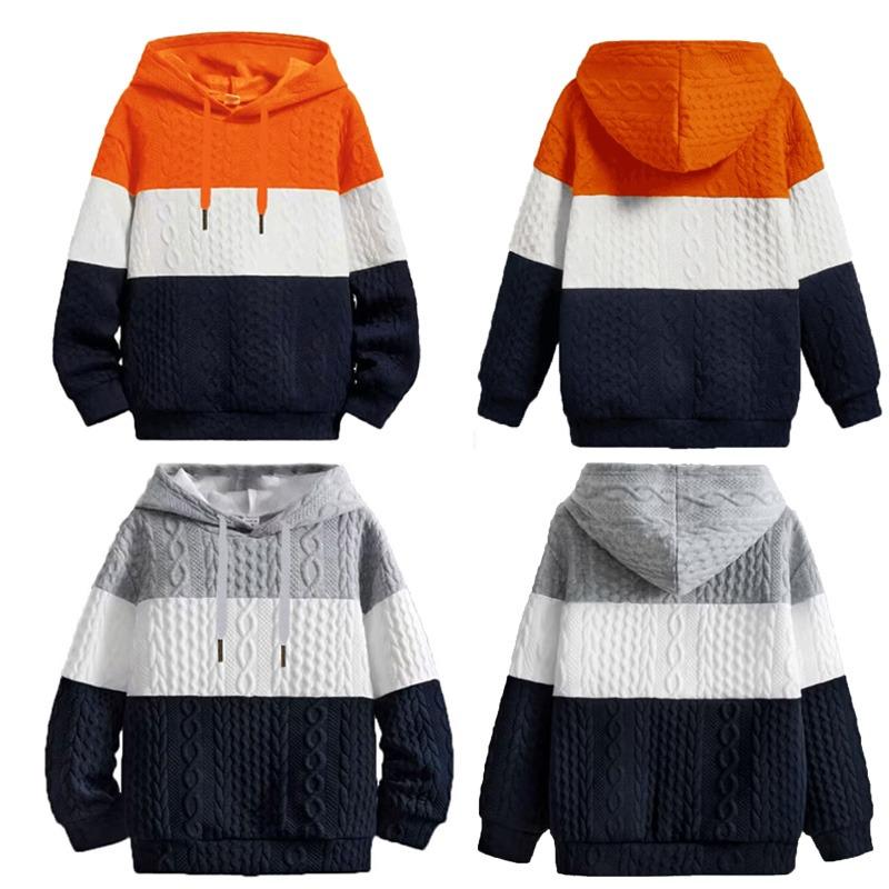 Mens Colourblock Knit Pullover Sweatshirt Hooded Hoodie Long Sleeve Casual Jumper Top